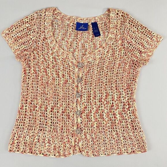 J H Collectibles Button-Front Sweater Women's L Red & Yellow Linen Blend Crochet - Picture 11 of 11